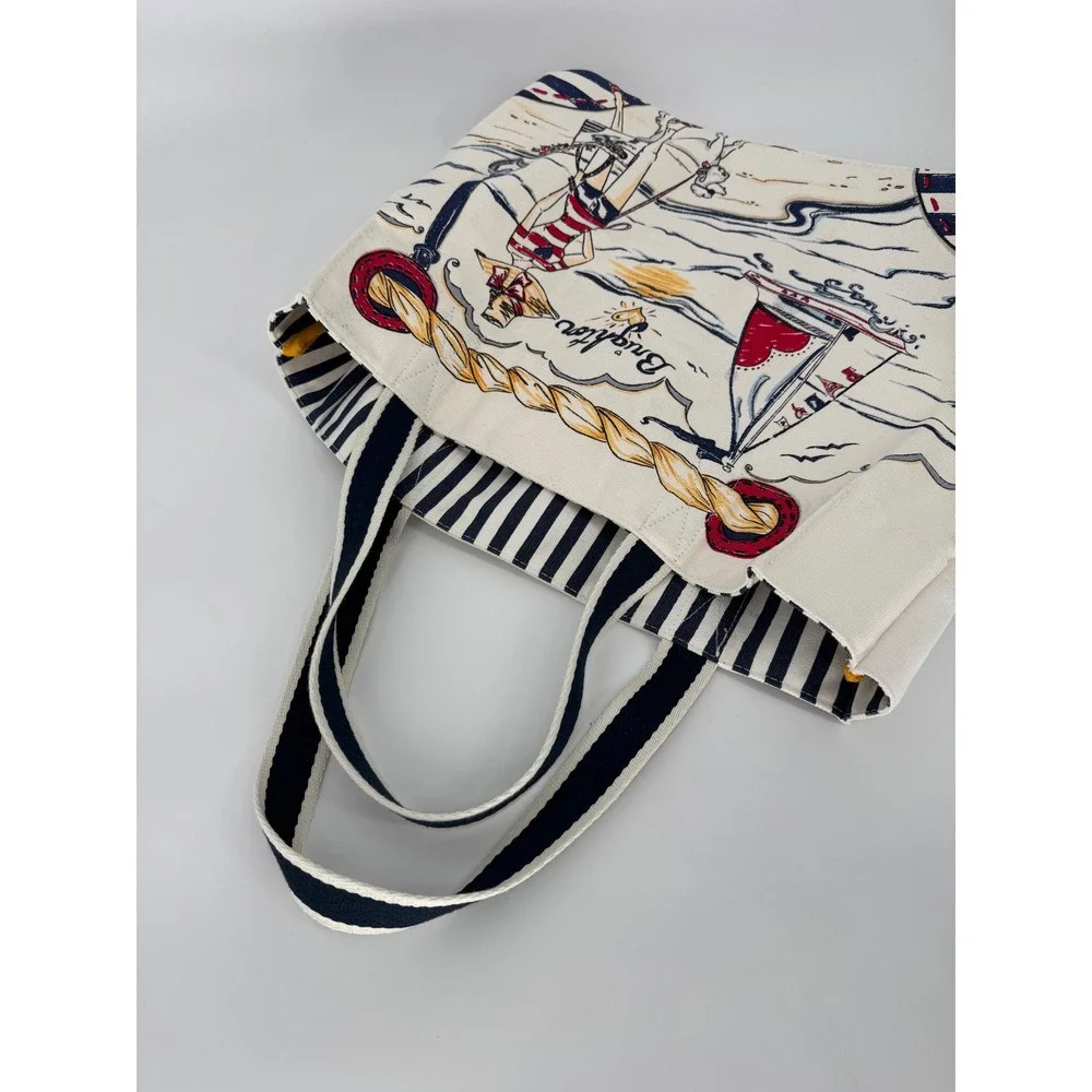 Brighton Nautical Canvas Tote Bag Anchor Sailboat Beach Scene Cream‎ Navy - Picture 8 of 8